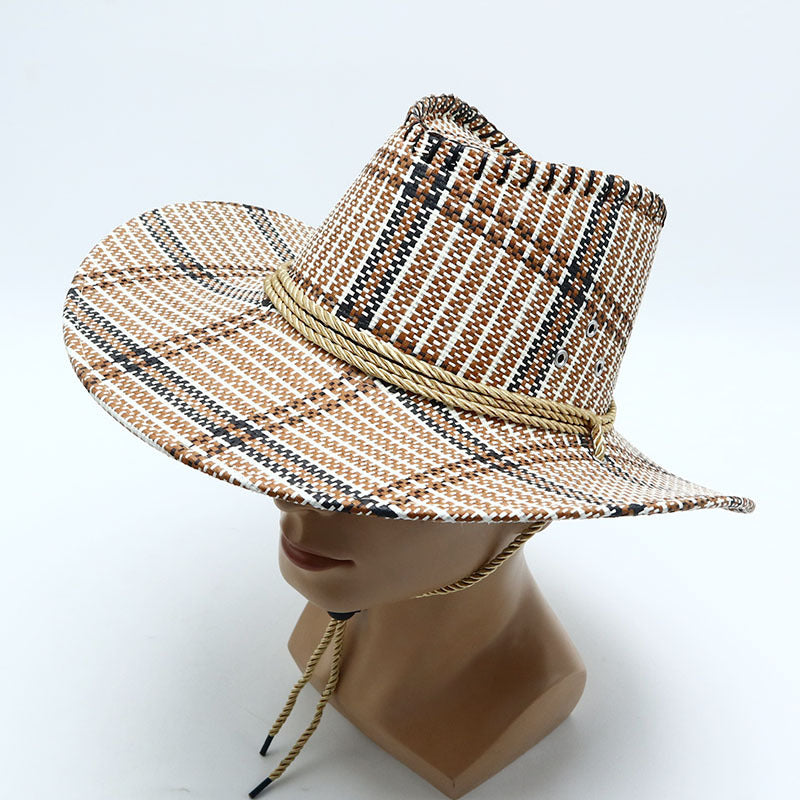 Plaid Straw Cowboy Hat with Rope Band