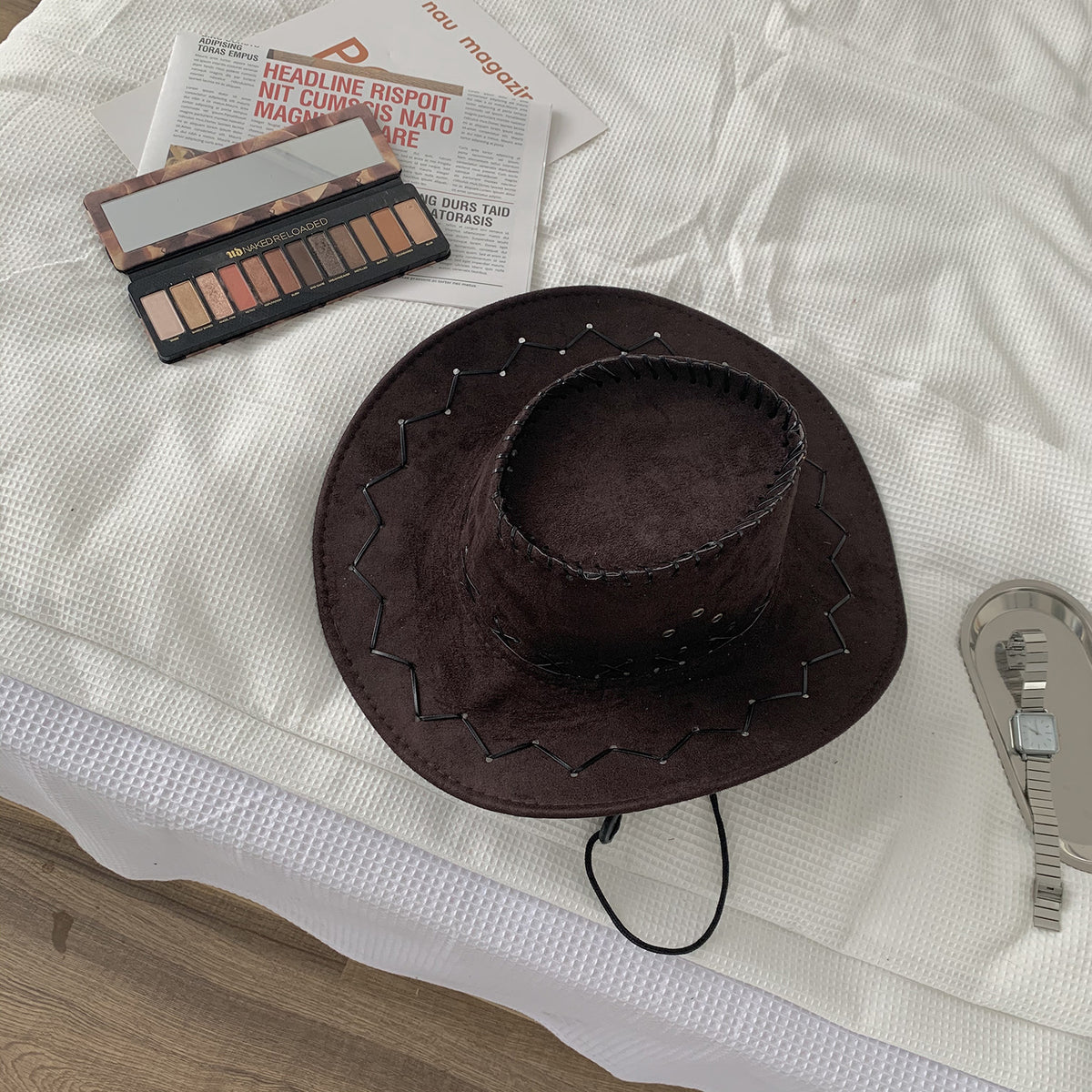 Suede-Look Cowboy Hat with Stitched Brim