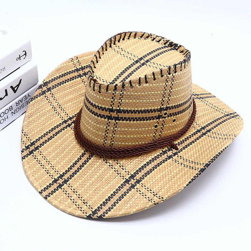 Plaid Straw Cowboy Hat with Rope Band