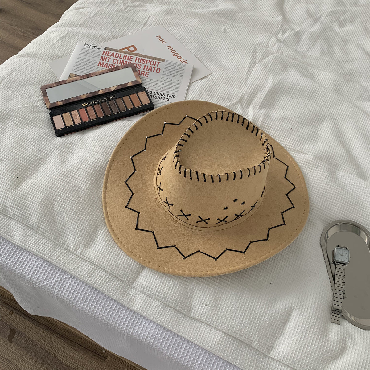 Suede-Look Cowboy Hat with Stitched Brim