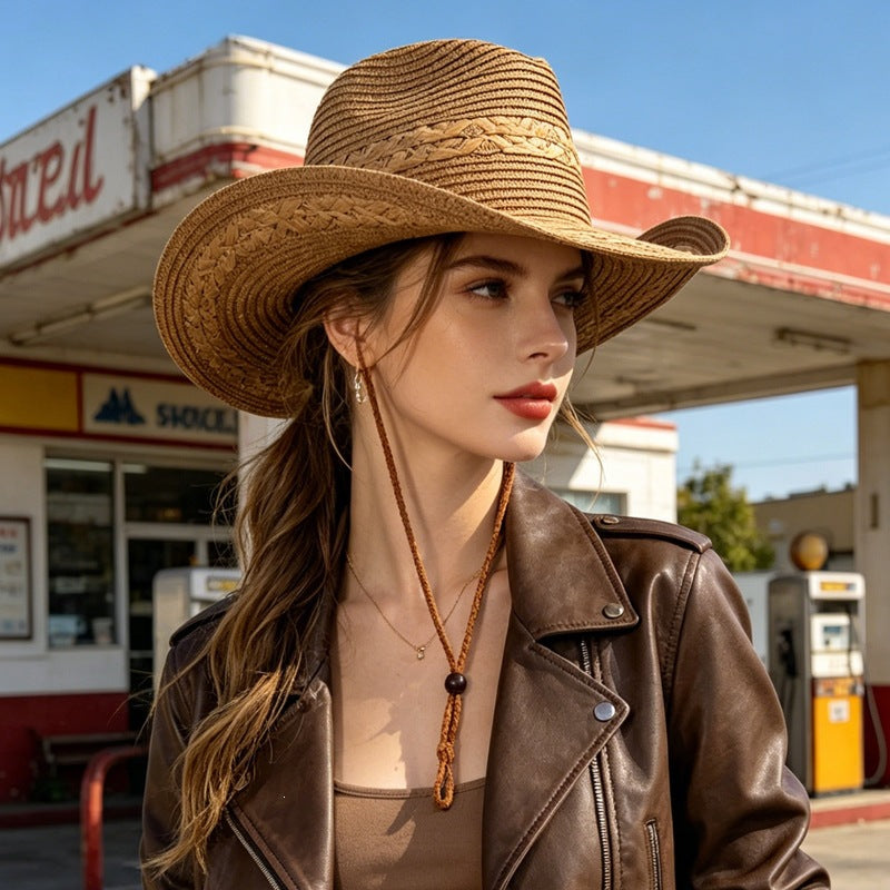 Braided Straw Cowboy Sun Hat with Chin Cord