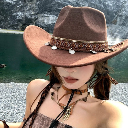 Felt Cowboy Hat with Woven Band and Coin Charms