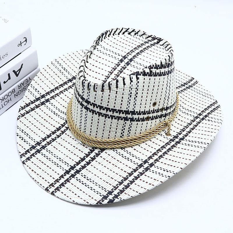 Plaid Straw Cowboy Hat with Rope Band
