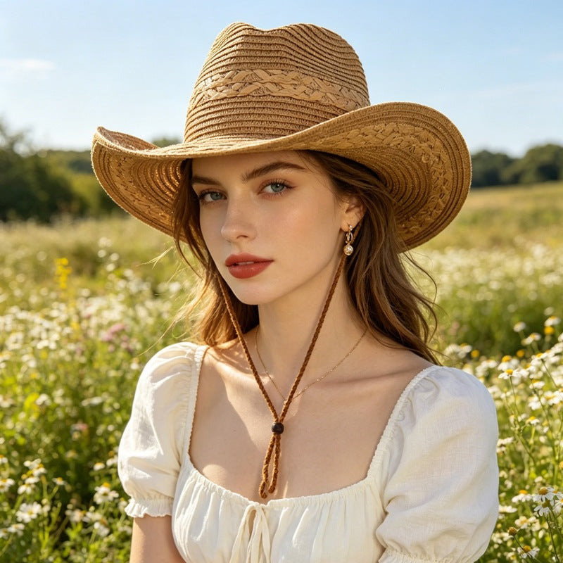 Braided Straw Cowboy Sun Hat with Chin Cord