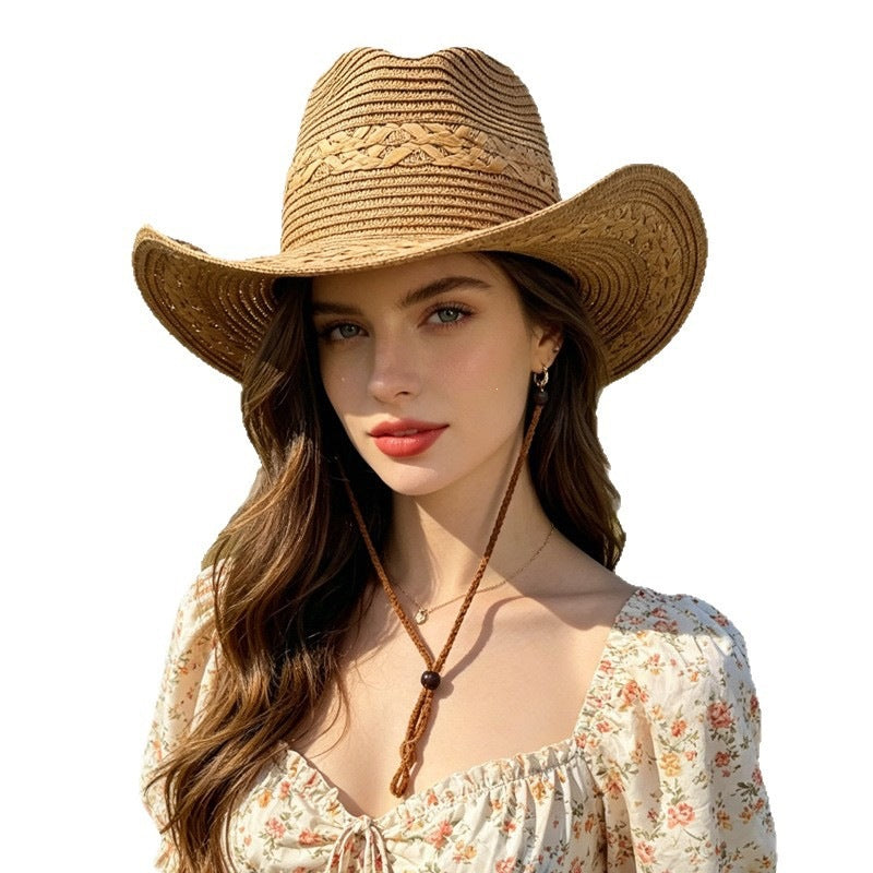 Braided Straw Cowboy Sun Hat with Chin Cord