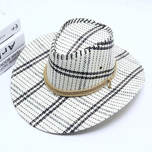 Plaid Straw Cowboy Hat with Rope Band