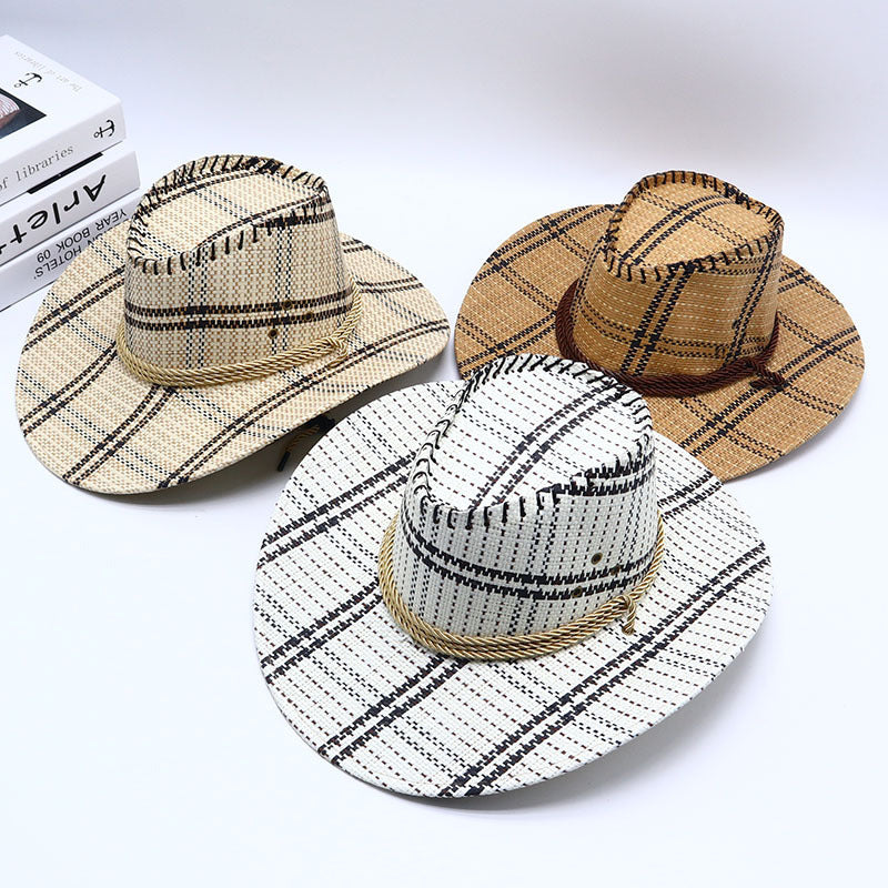 Plaid Straw Cowboy Hat with Rope Band