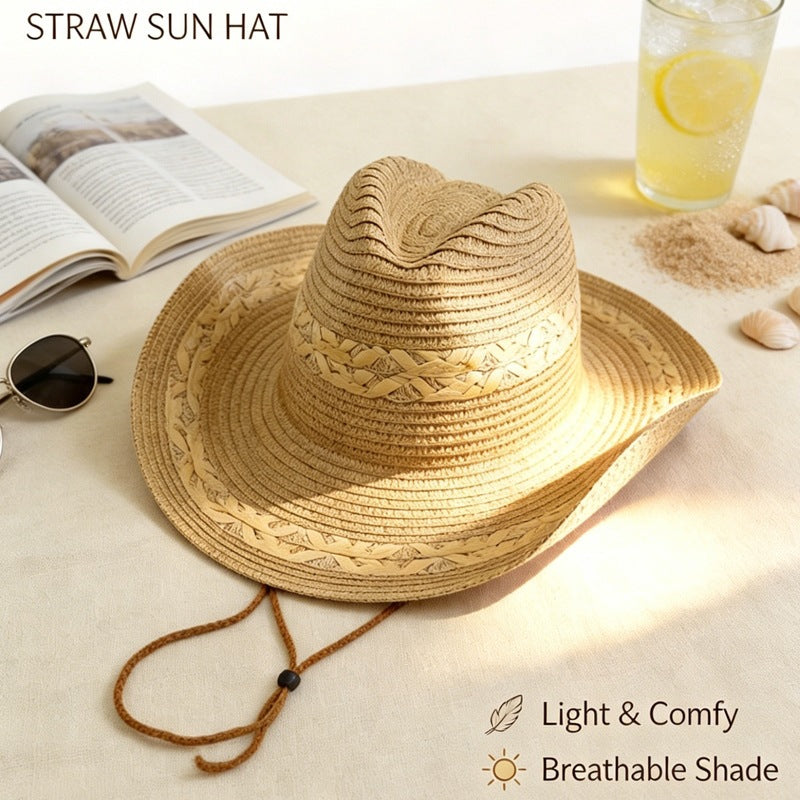 Braided Straw Cowboy Sun Hat with Chin Cord