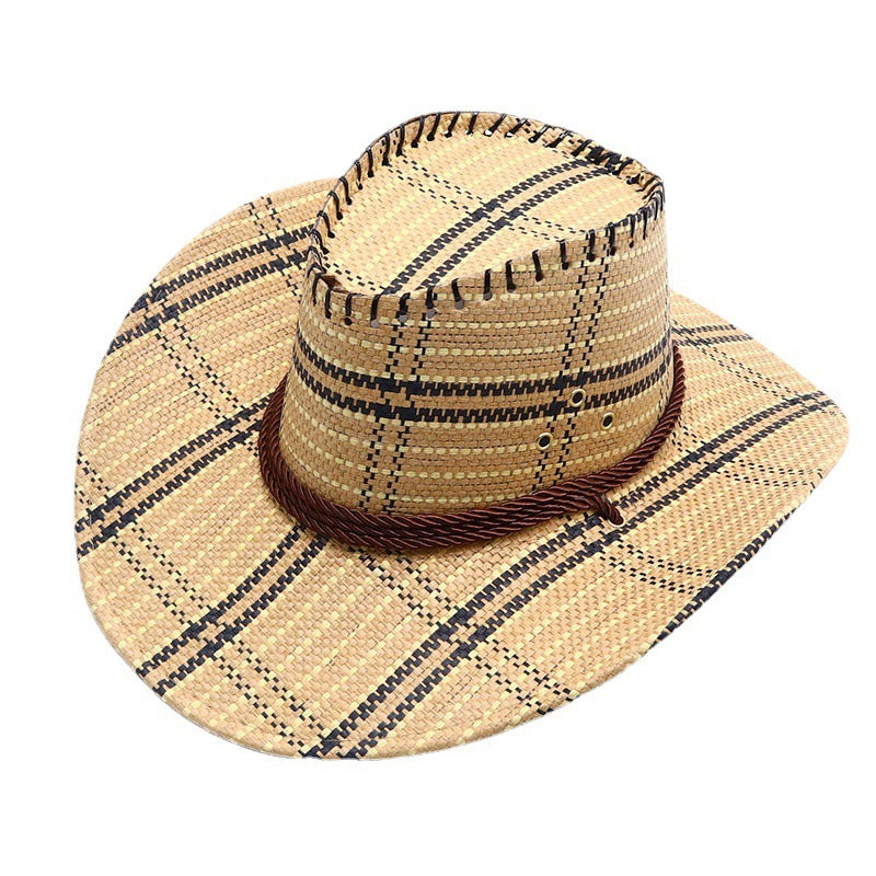 Plaid Straw Cowboy Hat with Rope Band