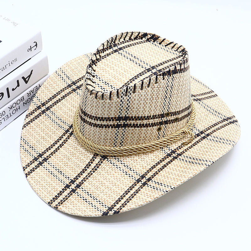 Plaid Straw Cowboy Hat with Rope Band