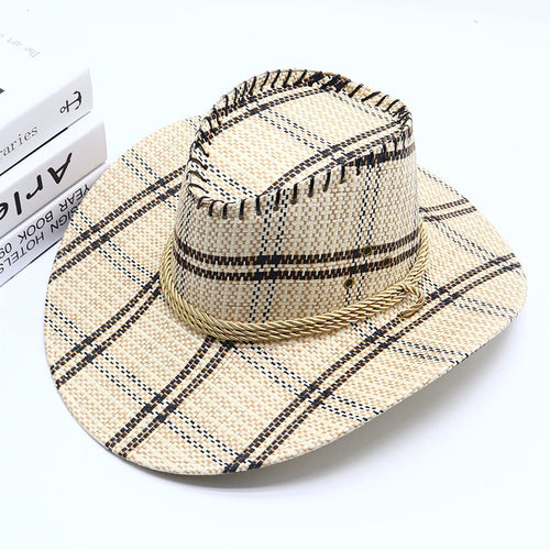 Plaid Straw Cowboy Hat with Rope Band