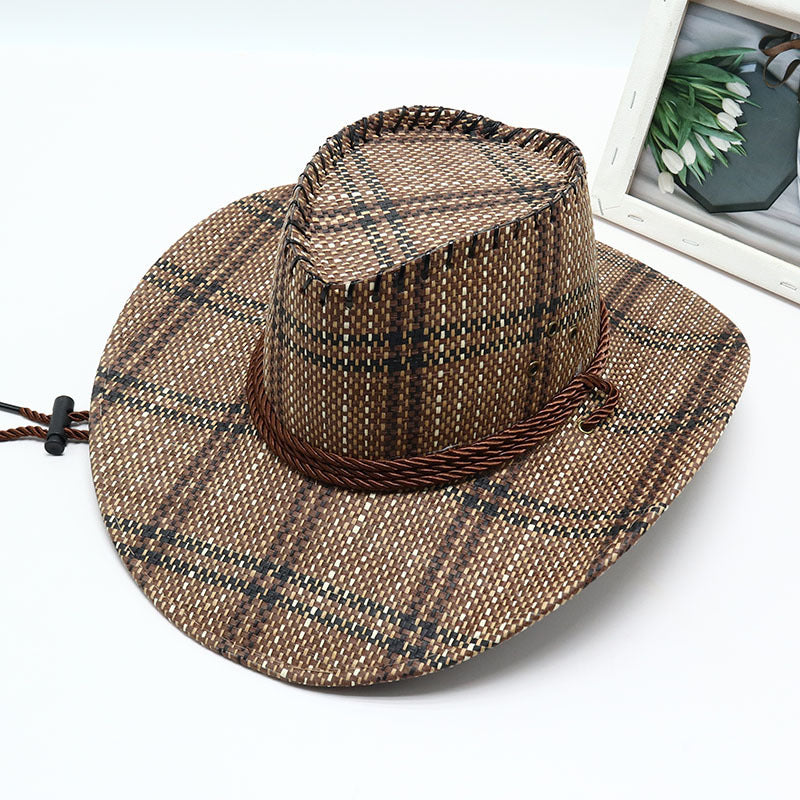 Plaid Straw Cowboy Hat with Rope Band
